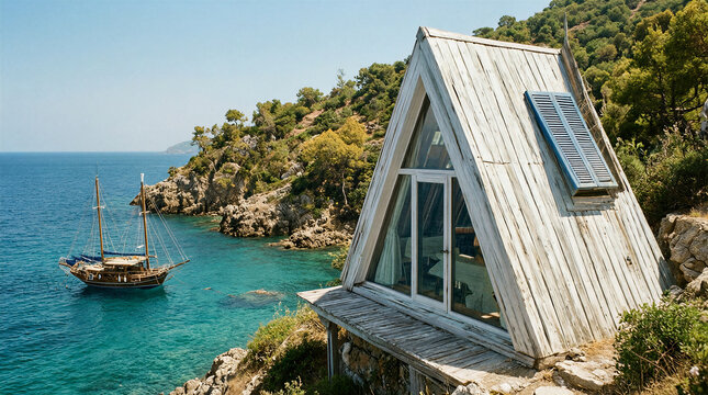 Scenic cliffside architecture featuring whitewashed a-frame cabin with blue-shuttered dormer overlooking turquoise aegean sea and wooden boat