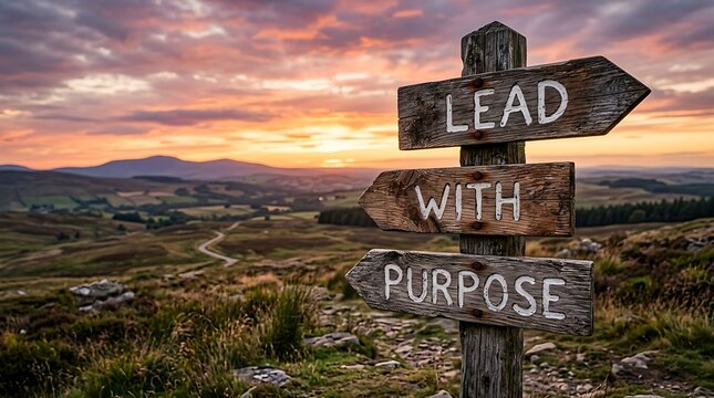 Weathered wooden signpost standing in a vast countryside landscape featuring the inspirational words lead with purpose signpost leadership business