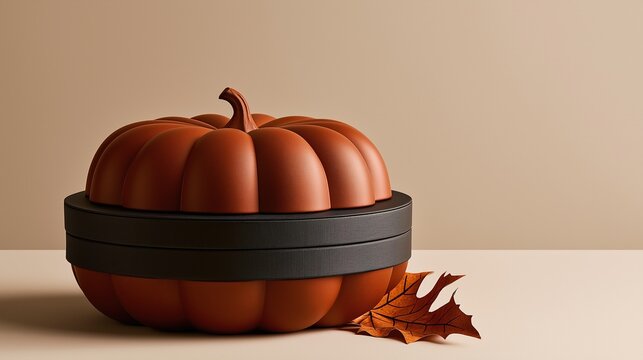Minimalist modern autumn decorative pumpkin shaped leather storage gift box with dry maple leaf on neutral beige background for fall holiday seasonal decoration concepts