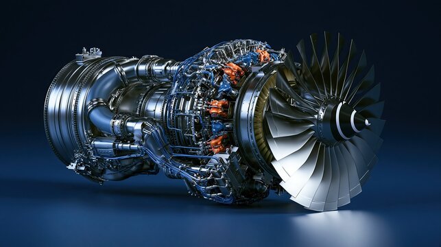 Full detailed modern aircraft jet turbine engine showing complex internal and external components against dark blue background represents advanced aviation engineering technology