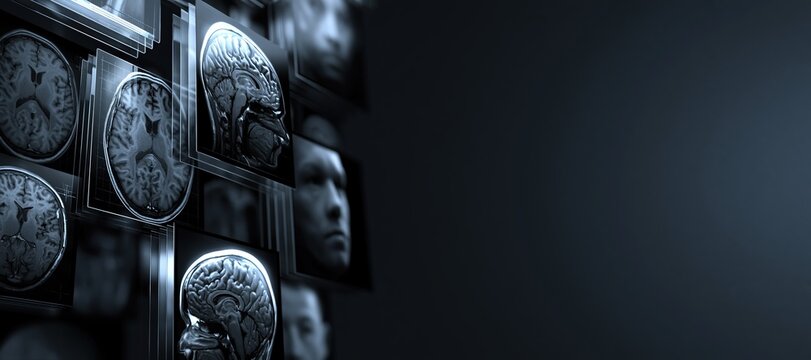 Medical brain scan panels floating on left with transparent layers and navy copy space
