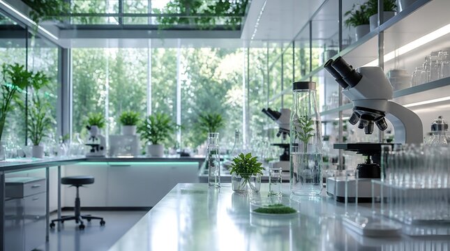 Modern botanical laboratory with microscopes and plants for green biotechnology research