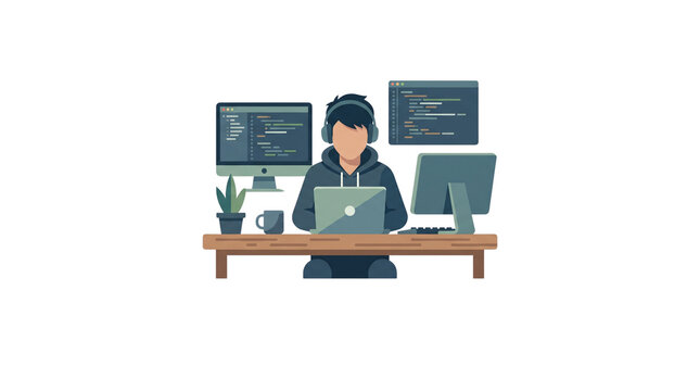 Programmer working on multiple computer screens at a desk with headphones and laptop.