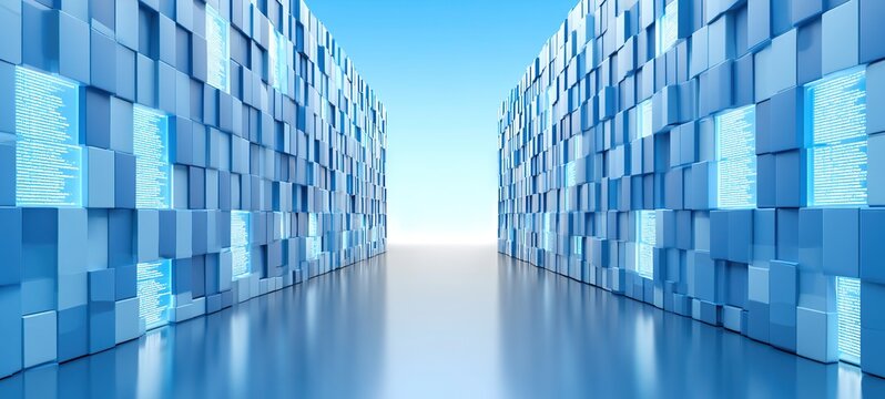 Immersive Technology Scene with Modular Blue Data Architecture and Digital Code Panels