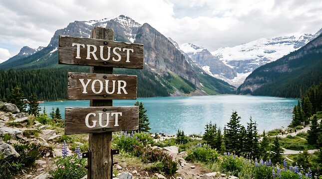 Trust your gut text on a rustic wooden signpost overlooking a mountain lake with signpost intuition decision instinct guidance motivation mountain