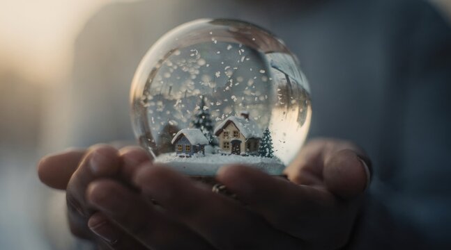 Hands holding a magical snow globe with a miniature winter village scene