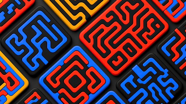 Abstract 3d pattern of embossed maze shaped rectangular blocks in vibrant red blue and yellow on black background creates fun modern decorative geometric design