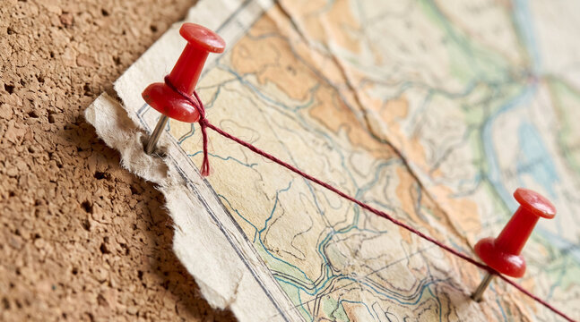 Vintage paper map with red pins and string on cork board for travel planning.