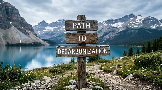 Rustic wooden sign with the text path to decarbonization against a backdrop of mountain peaks and alpine lake decarbonization environment mountains