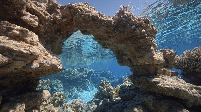 keystone. A coral reef arch with a central keystone rock under clear blue water. travel magazines, destination branding, designed for outdoor magazines and nature guides.