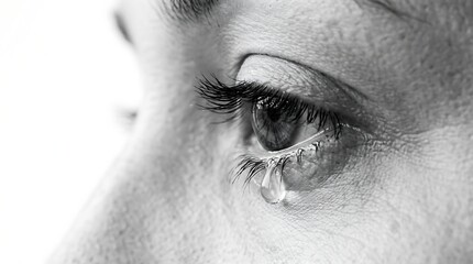 Naklejka premium Macro black and white image of a woman crying with a single teardrop on her cheek, emotional human eye crying because of sadness or grief, beautiful artistic portrait of crying face.