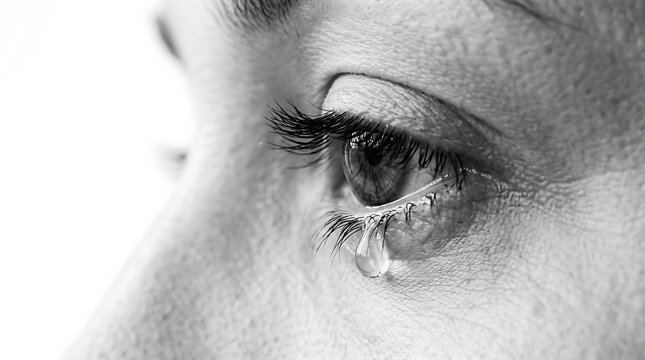 Macro black and white image of a woman crying with a single teardrop on her cheek, emotional human eye crying because of sadness or grief, beautiful artistic portrait of crying face.