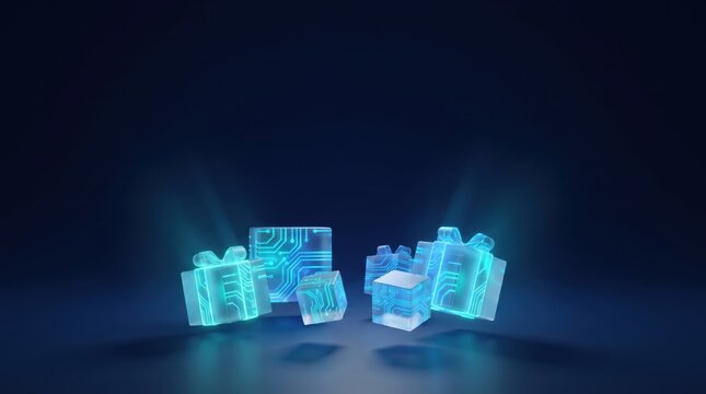 3d render of digital gift boxes with glowing circuit board patterns on a dark blue background, representing technology and innovation