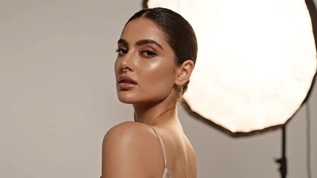 Stunning Indian female model posing with glowing skin and nose ring against studio lighting backdrop for high end beauty cosmetics and fashion skincare advertisement campaign