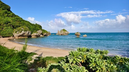 Beach and rocky islands beautiful coastline scenery on Okinawa in Japan © pettys