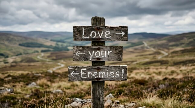 Rustic wooden signpost pointing the way with the message love your enemies in a rolling green countryside signpost compassion forgiveness religion