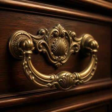 Elegant antique brass furniture handle on rich dark wood