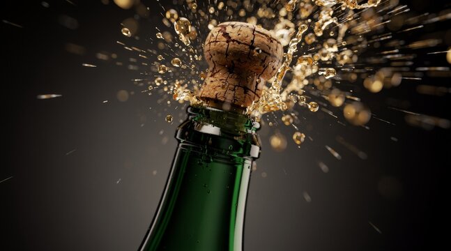 Champagne bottle popping cork with golden liquid splash celebration
