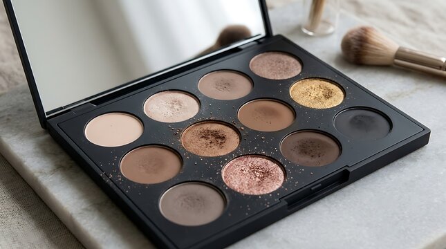 An open eyeshadow palette displaying a range of neutral and earthy tones, with a makeup brush in the background on a marble surface.