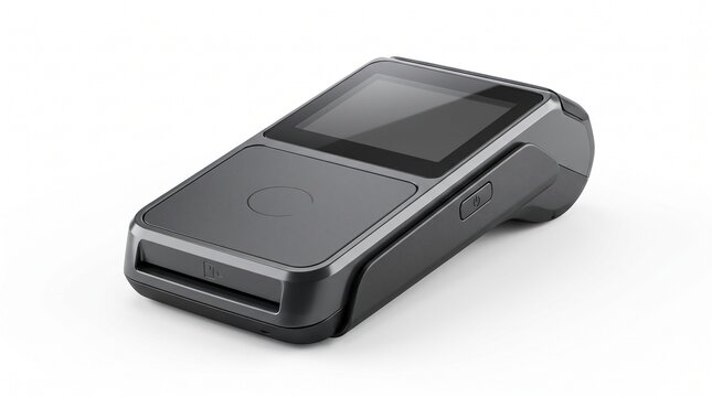 Modern portable POS terminal, sleek dark gray payment device for secure transactions, contactless card reader for retail and small business, innovative financial technology.