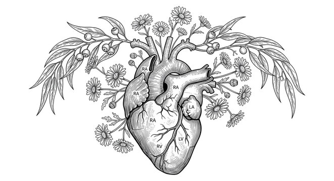 Anatomical heart illustration with blooming flowers and foliage
