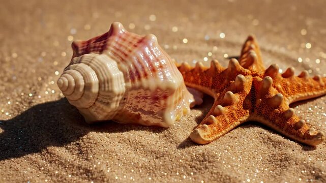 Ocean-inspired composition showcasing a conch shell and starfish resting on sparkling beach sand, sunlit scene