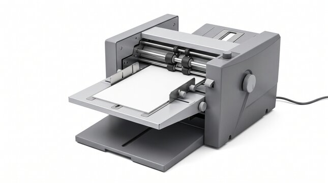 Modern gray paper folding machine, an essential office automation tool; compact desktop document folder for business efficiency, isolated on white.