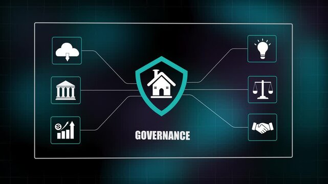 Secure real estate governance network concept, digital property compliance policy animation, modern housing law management, smart financial security system.