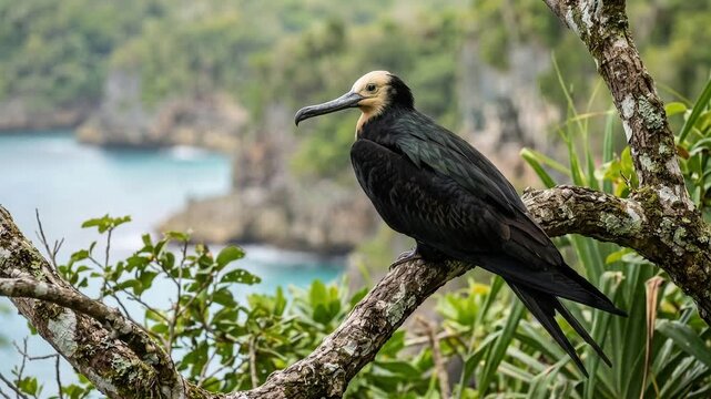 Magnificent Great Frigatebird Perched on a Tropical Coastal Branch Overlooking the Blue Ocean