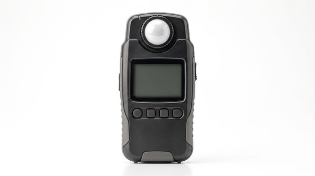 Professional black digital light meter, essential photography equipment for precise exposure measurement. Studio lighting tool for photographers and videographers, isolated on white background.