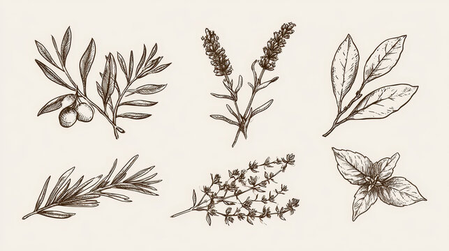 Mediterranean Herb Line Art Bundle with Olive, Lavender, Rosemary and Basil