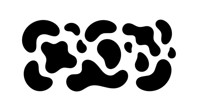 Cow print seamless pattern elements, black organic liquid blobs, abstract dalmation spots vector set isolated on White Background