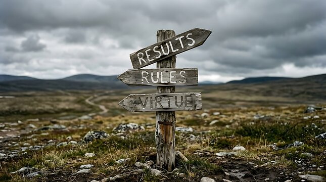 Wooden directional signpost with results rules and choices text in a gloomy highland wilderness signpost direction wilderness highland landscape