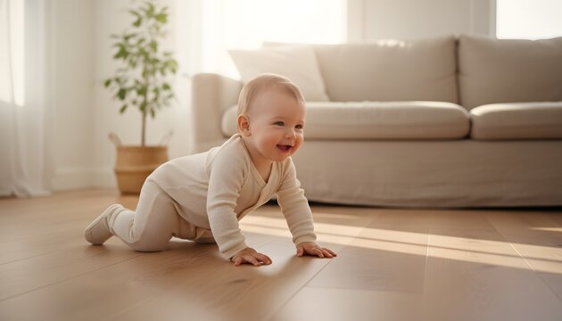 Cute happy child in onesie crawling across warm hardwood floor in bright sunlit living room for early childhood development and family home lifestyle concept