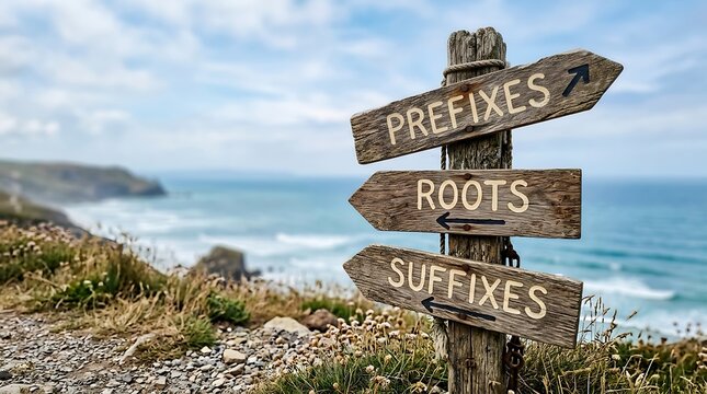 Wooden directional signpost with prefixes roots and suffixes text educational concept near the ocean signpost prefixes suffixes language education