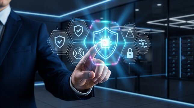 Enterprise AI Security Protection Businessman Touching Shield Icon. Risk Management Cybersecurity Technology. artificial intelligence governance compliance monitoring and cybersecurity NEW.