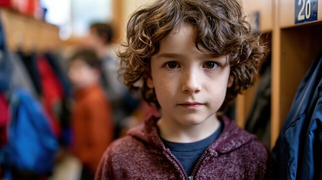 Child standing alone by classroom cubbies with plain bags and jackets