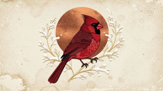 Red cardinal bird perched on a snowy golden branch. Artistic illustration features a metallic copper sun against a vintage textured background. Winter nature concept for holiday greeting cards.