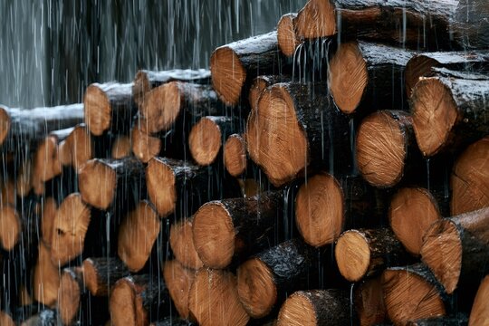 Rain falling on stacked lumber logs during storm
