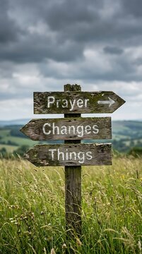 Wooden directional post with words prayer changes and things engraved outdoors in a grassy meadow signpost spiritual religion transformation