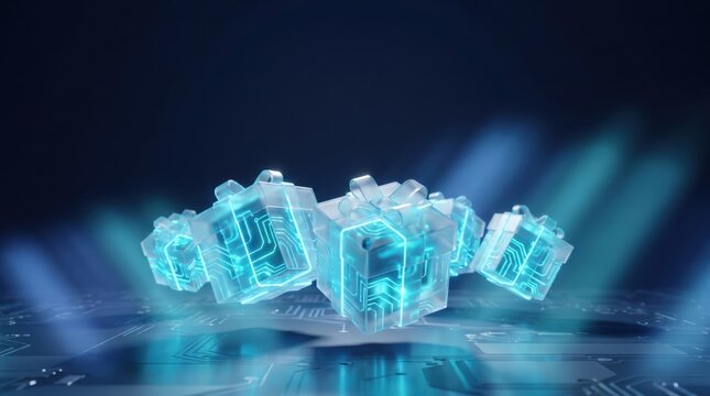 Digital gift boxes with glowing circuit board patterns floating above a technological surface, representing virtual rewards and tech gifts