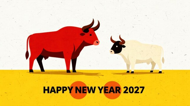 Red and white bulls facing each other with Happy New Year 2027 text. Minimalist vector illustration of oxen on textured background. Chinese zodiac and financial bull market theme for cards.