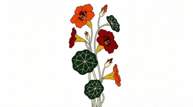 Nasturtium flowers illustration with vibrant orange and red blooms on a white background. Detailed botanical drawing featuring round leaves and flower buds. Floral nature concept for garden design.