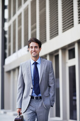 Fototapeta premium Thinking, business and man travel in city for real estate, ideas and vision of urban development. Male realtor, commute and reflection for property choice, infrastructure and expansion opportunity
