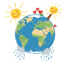 Naklejka premium Whimsical drawing of earth with suns, rain, and hearts isolated on transparent background