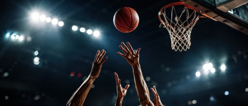 Basketball Game Action Shot with Players Reaching for Ball Near Hoop.