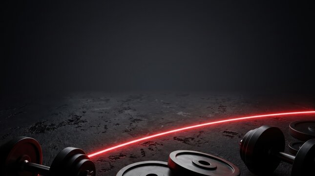 Fitness and bodybuilding background with dumbbells and weight plates on a dark textured floor with a glowing red neon light arc