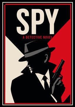 096-Secret agent silhouette holding a gun in a noir style graphic illustration