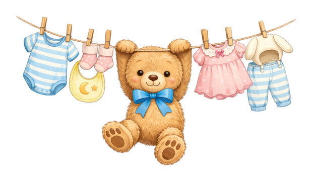 PNG Cute teddy bear hanging with baby clothes on a line.