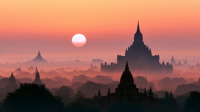 Warm Sunrise Gradient Sky with Temple Silhouette